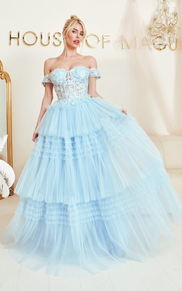 Azure Allure Baby Blue Embroidered Bustier Off-The-Shoulder Layered Tulle Maxi Dress