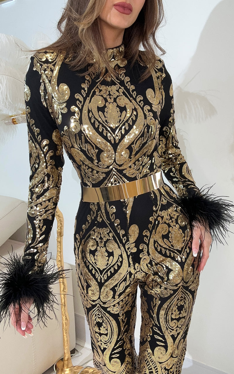 Royalty Black & Gold Belted Sequin Feather Cuff Long Sleeve Flare Party Jumpsuit