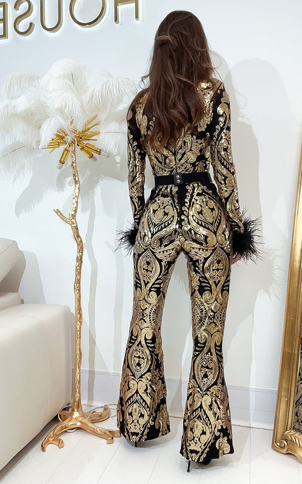Royalty Black & Gold Belted Sequin Feather Cuff Long Sleeve Flare Party Jumpsuit