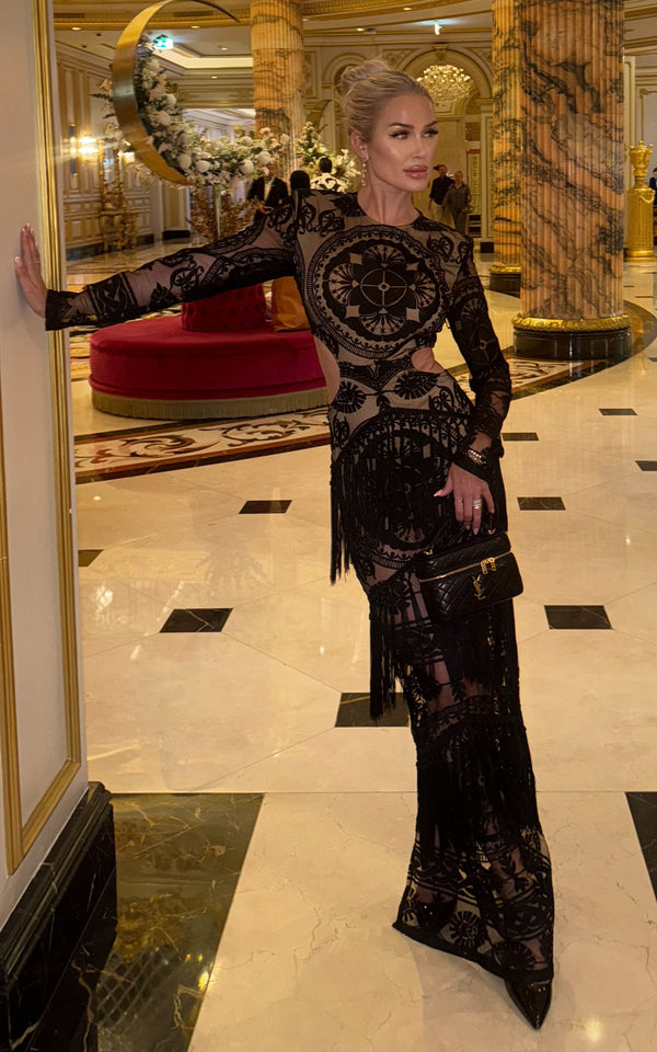 Enamoured Premium Black Lace Maxi Dress with Side Cuts and Fringes, Elegant Cocktail Party Dress for Women.