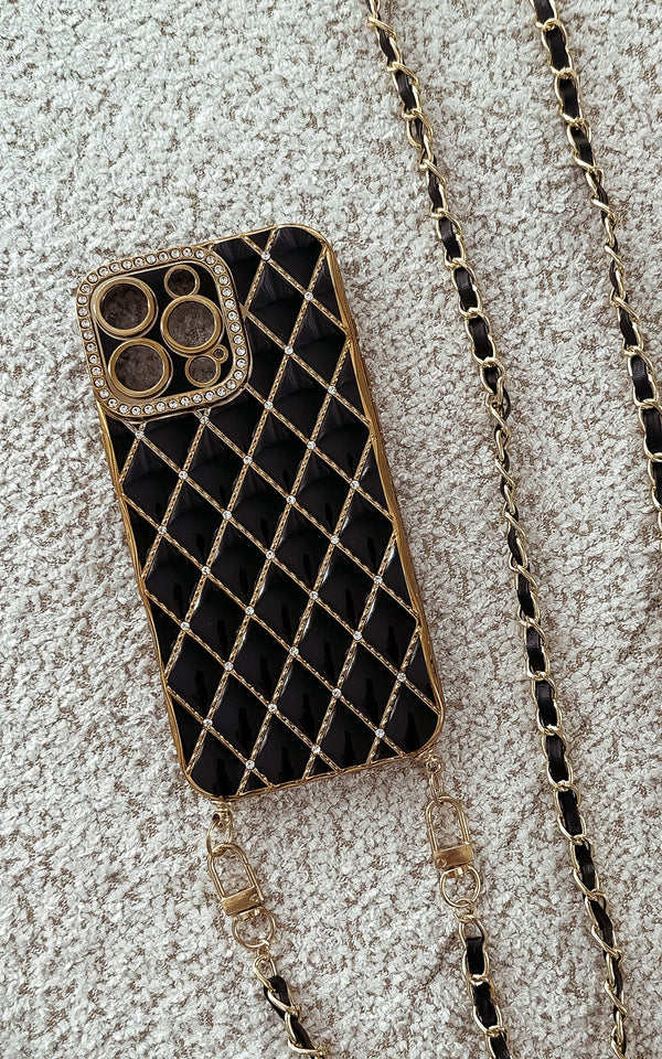 Black & Gold Luxury Iphone Case Cover & Chain Lanyard Strap Phone Accessories