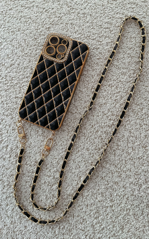 Black & Gold Luxury Iphone Case Cover & Chain Lanyard Strap Phone Accessories
