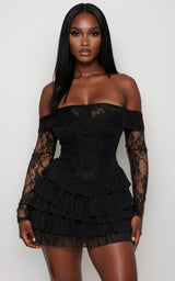 Noir Darling Black Lace Off-Shoulder Corset Mini Dress with Layered Skirt