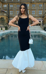 Club Privé Monochrome Bandage Shape Enhancing White Volume Hem Mermaid Style Maxi Dress