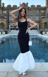 Club Privé Monochrome Bandage Shape Enhancing White Volume Hem Mermaid Style Maxi Dress