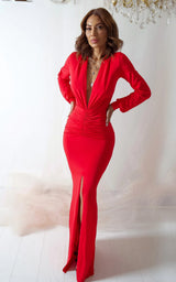 black tie maxi dress red long sleeve ruched waist figure enhancing dress