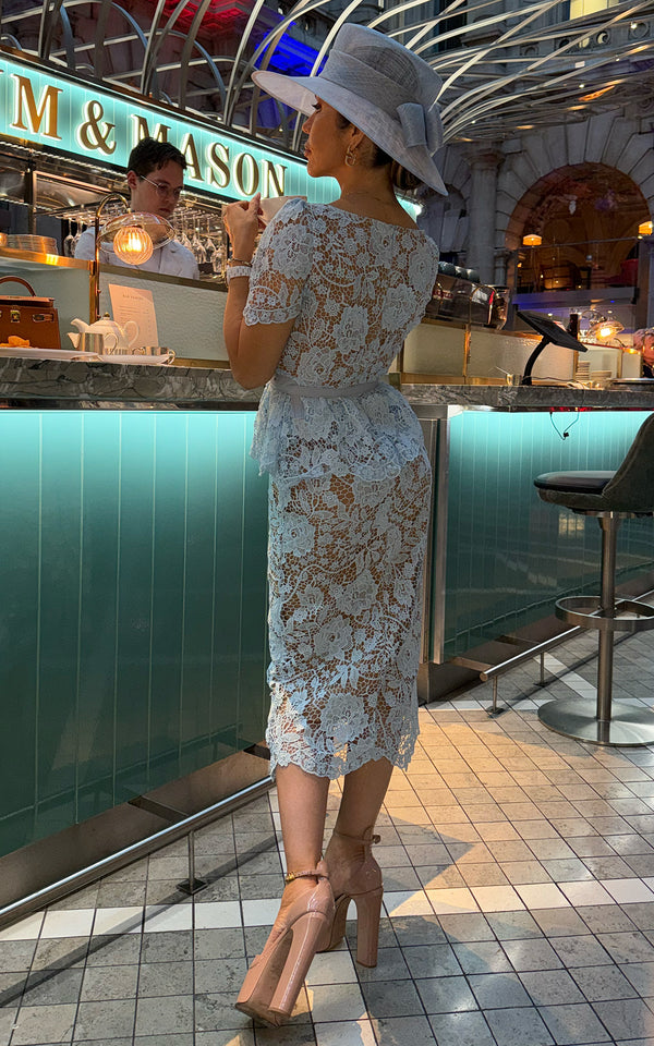Royal State Powder Blue Lace Short Sleeve Belted Midi Dress