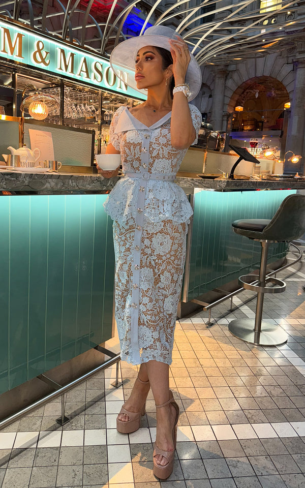 Royal State Powder Blue Lace Short Sleeve Belted Midi Dress