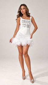 Hen Party Bride To Be White Sequin Feather Trim Mini Dress