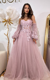 Lucid Dream Mauve Pink Floral Embroidered Off-the-Shoulder Puffy Princess Bridesmaid Dress