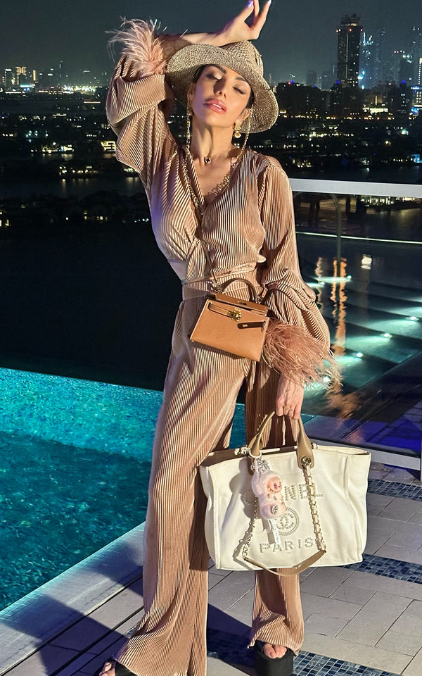 Shell Martini Bronze Brown  Feathers Trimmed  Pieces Loungewear Set