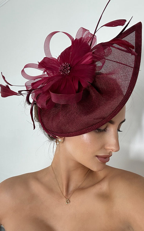 Meghan Burgundy Flower & Feather Detail Fascinator Clip