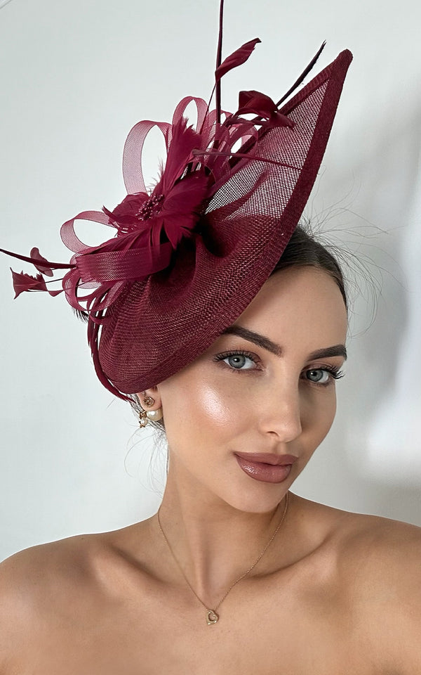 Meghan Burgundy Flower & Feather Detail Fascinator Clip