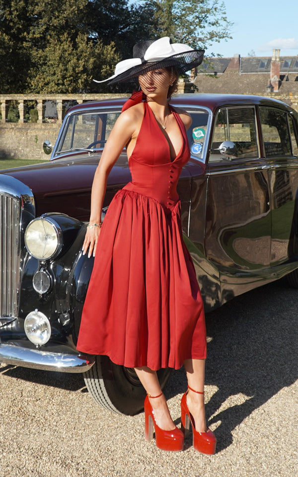 Cara Red Plunge Halter Neckline Backless Midi Dress