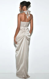 Made For You Champagne Taupe Crystal Encrusted Corset Satin Wedding Guest Maxi Dress