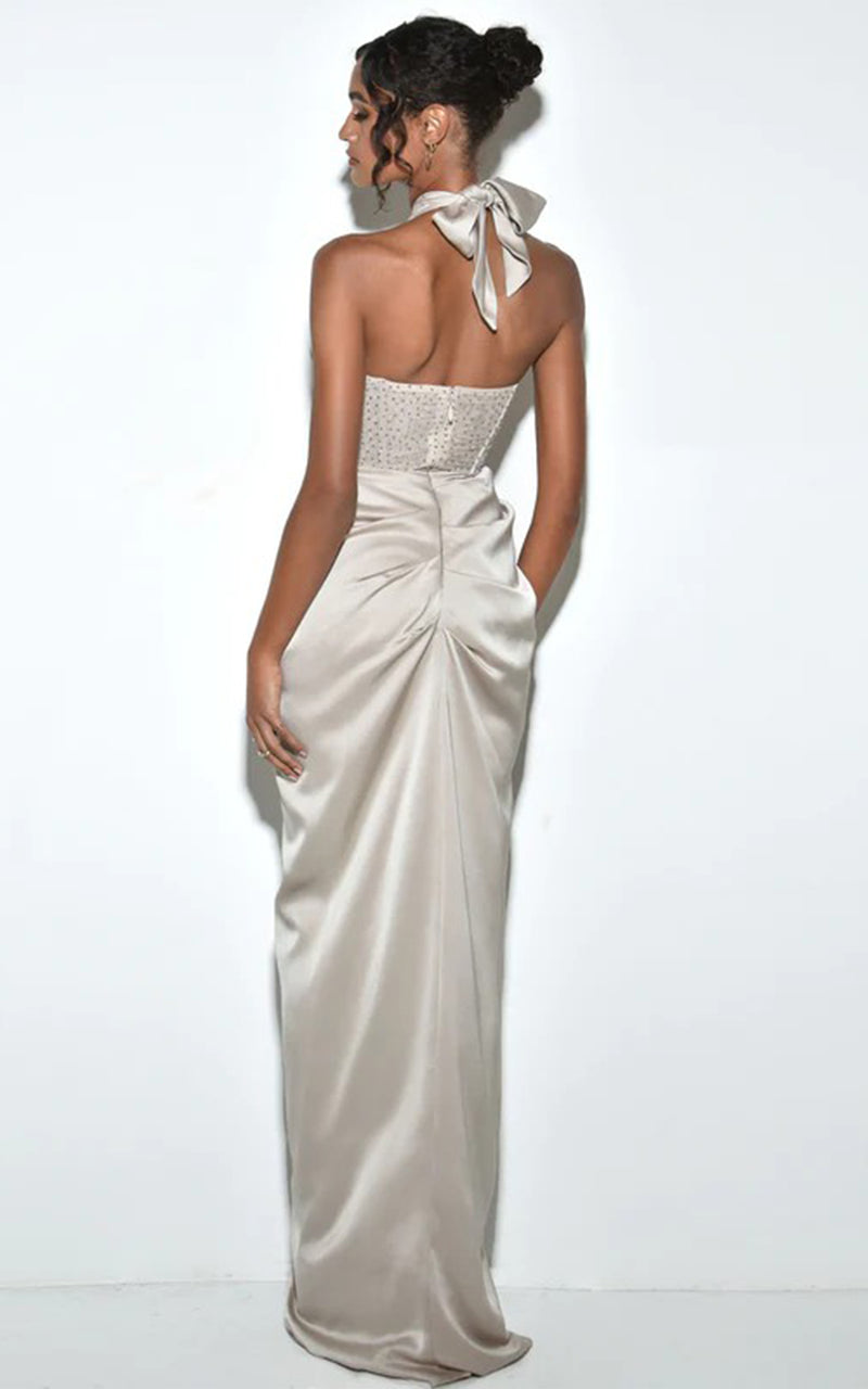 Made For You Champagne Taupe Crystal Encrusted Corset Satin Wedding Guest Maxi Dress
