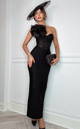 Class Status black corset-style midi dress with oversized flower appliqué, perfect for elegant occasions and statement looks.