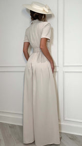 Riviera Heir Short Sleeve Belted Flared Old Money Jumpsuit Beige