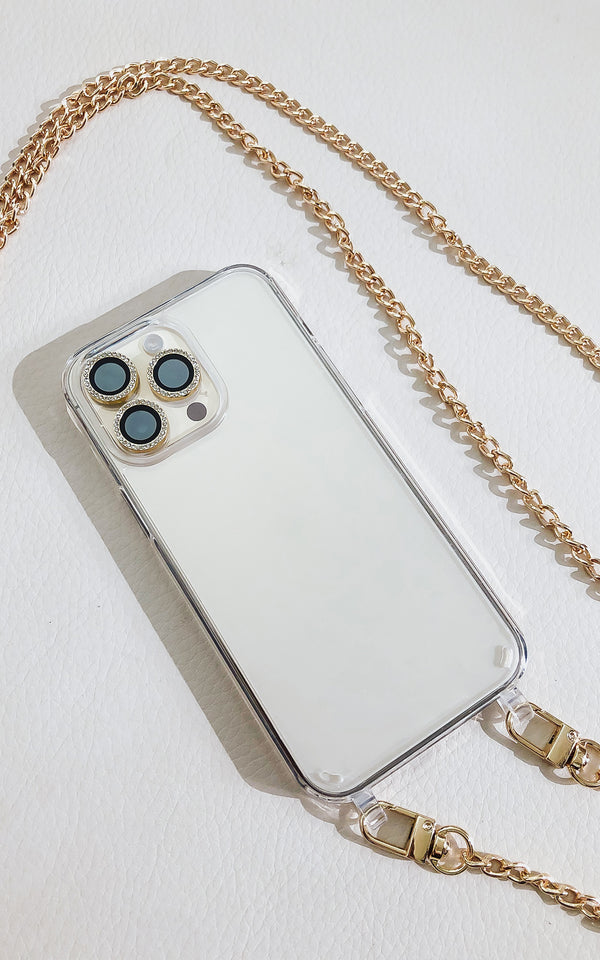 Luxury Clear iPhone Case Cover Gold Lanyard Strap Phone Accessories