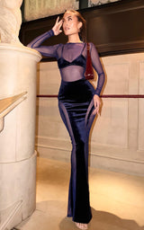 Dangeress Velvet Navy Long Sleeve Sheer Design Maxi Dress