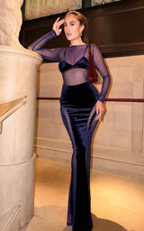 Dangeress Velvet Navy Long Sleeve Sheer Design Maxi Dress