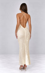 Champagne Arrival – Cream Sequin Open-Back Maxi Dress