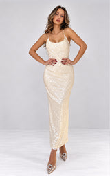 Champagne Arrival – Cream Sequin Open-Back Maxi Dress