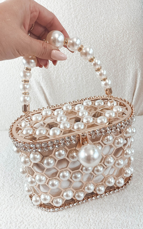 Brit Chic Champagne Rhinestones & Pearls Embellished Clutch Bag