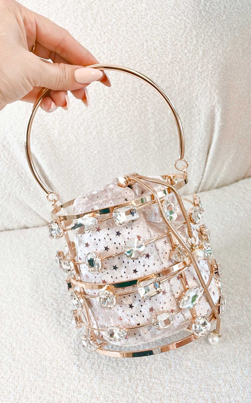 Metal cage bag adorned with shimmering rhinestones, ideal for bridal wear or wedding guest accessories.
