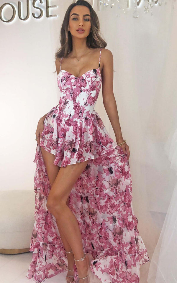 Floral Days Pink Floral Design Bustier Hi-Low Pleated Summer Dress
