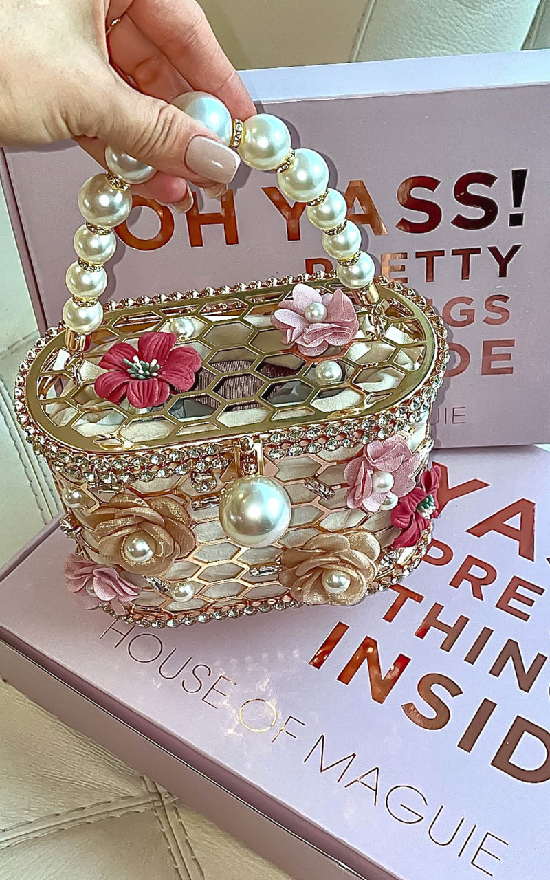 Brit Chic Rhinestones & Pearls Floral Embellished Clutch Bag