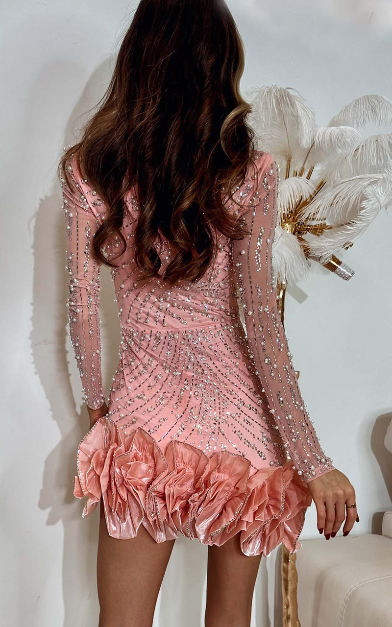 Centre of Attention Peachy Crystal Embellished Long Sleeve Flutter Effect Trim Party Mini Dress