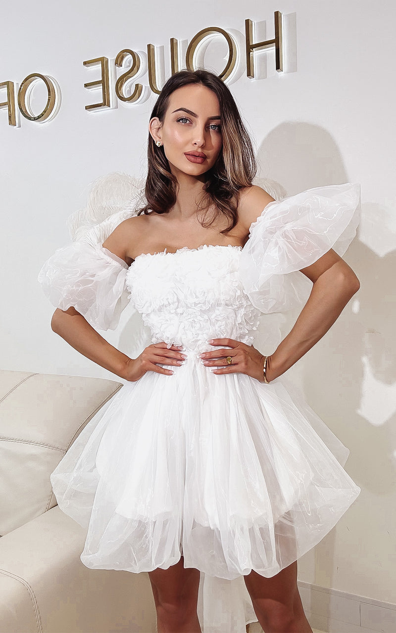 I'm Taken White 3D Rose Embroidery Bow Detail Off The Shoulder Puff Sleeve Hen-Do Party Dress