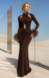 Dark brown cut-out maxi dress with feather cuff sleeves