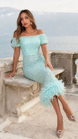 Aqua Sequin Bardot Style Feather Trim Midi Dress