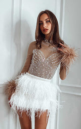 Born To Be Royal White Pearls beaded & Feathers Trimmed  Mini Skirt