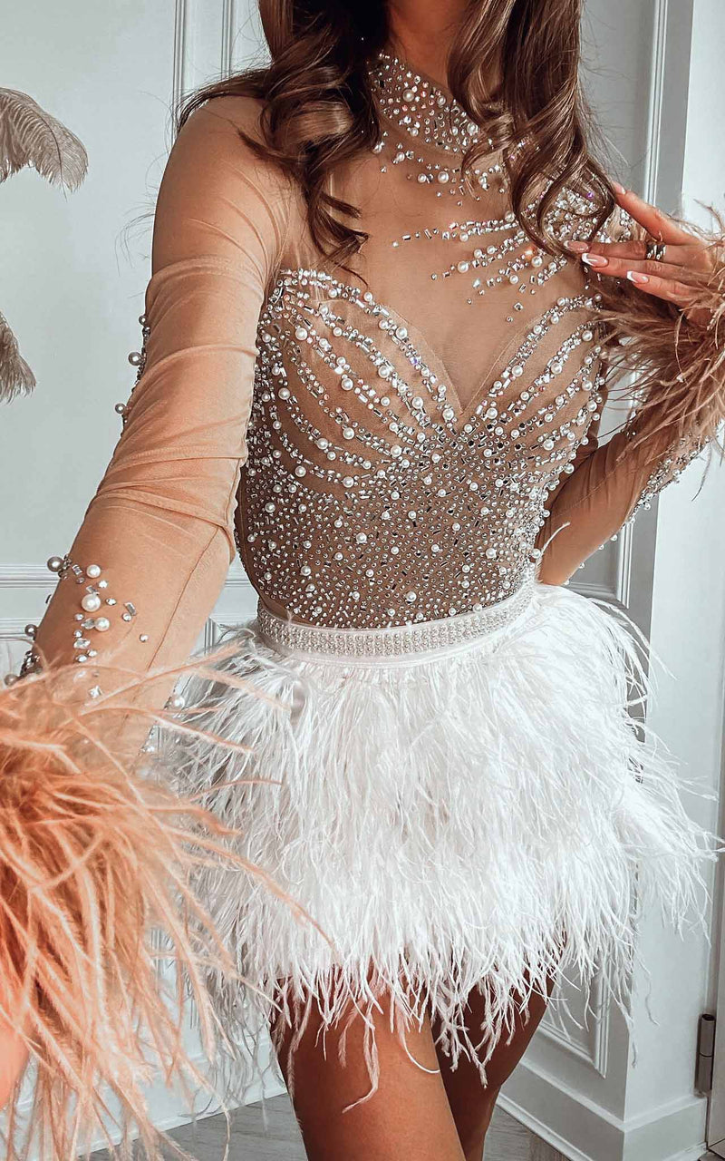 Born To Be Royal White Pearls beaded & Feathers Trimmed  Mini Skirt
