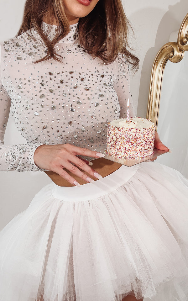 White Crystal Embellished High Neck Long Sleeve Top & Tulle Layered Skirt Co-ord Set