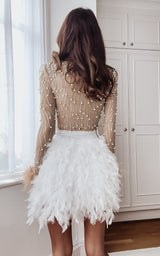 Phantasy White Layered Feathers Trimmed High Waist Skirt