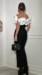 Living Art Monochrome Large Camellia Flower Design Off-the-Shoulder Maxi Bandage Dress