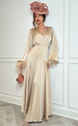 Royal Society – Champagne Beige Colour V Collar Feather Cuffs Thigh Split Satin Maxi Dress