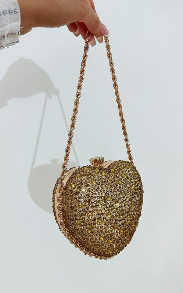 Gold Crystal Encrusted Heart Shaped Clutch Party Bag