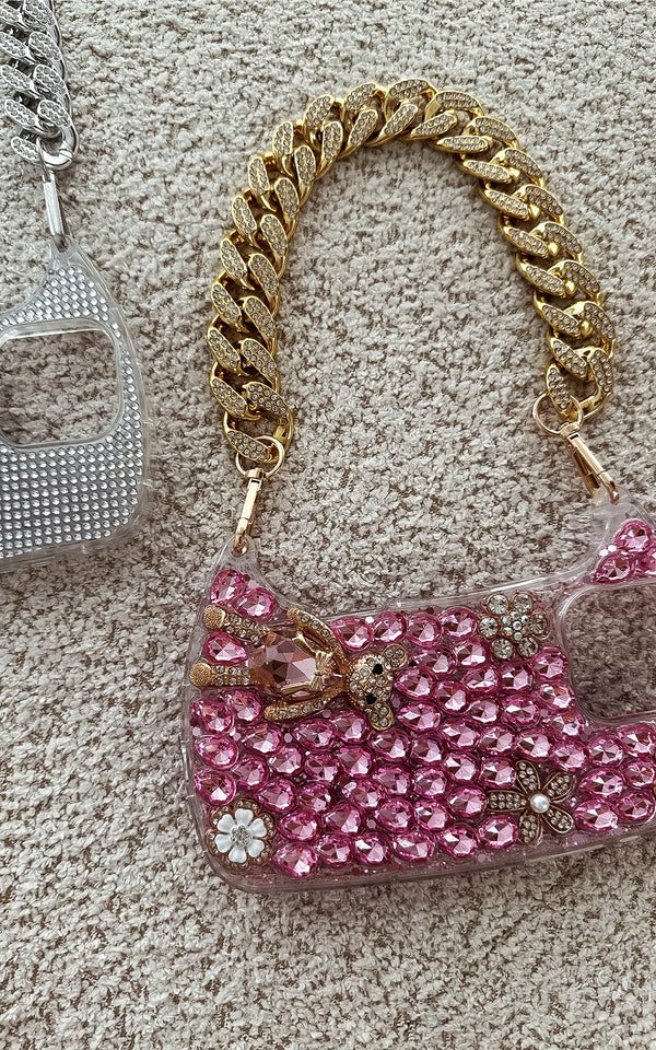 Pink Rhinestone Embellished Iphone Case Cover & Gold ChunkyChain Strap Phone Accessories