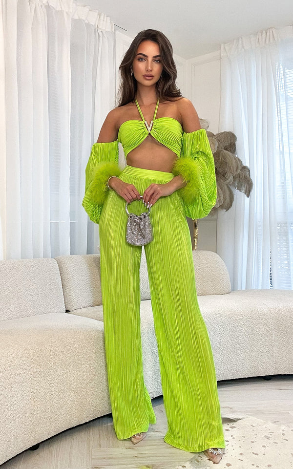 Lemonade Please Lime Green Feathers Trimmed  Pieces Resort-wear Set