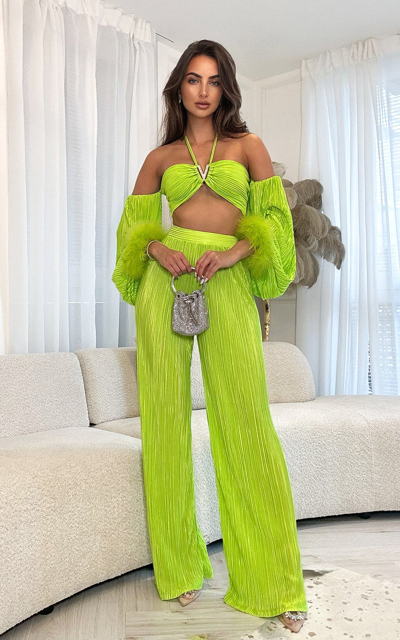 Lemonade Please Lime Green Feathers Trimmed  Pieces Resort-wear Set