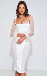 Seeking for Attention White Satin Halter Neck Mesh Long Sleeve Design Feather Trim Cuffs Midi Bodycon Dress