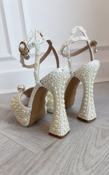 Pearls in Love White Pearl embellished Peep Toe Ankle Strap Platform Wedding Elegant Bridal Shoes