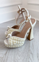 Pearls in Love White Pearl embellished Peep Toe Ankle Strap Platform Wedding Elegant Bridal Shoes