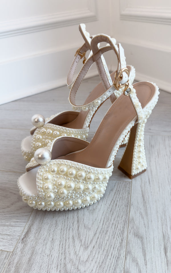 Pearls in Love White Pearl embellished Peep Toe Ankle Strap Platform Wedding Elegant Bridal Shoes