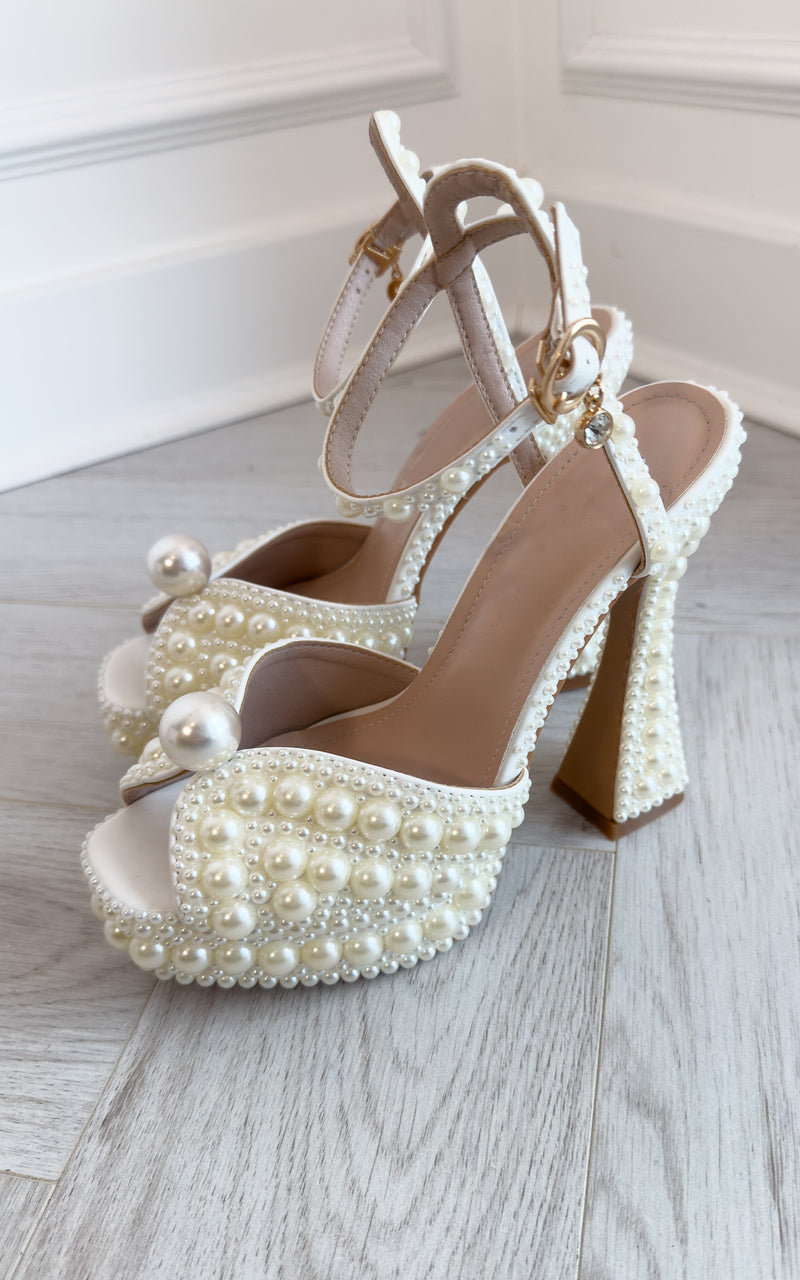 Pearls in Love White Pearl embellished Peep Toe Ankle Strap Platform Wedding Elegant Bridal Shoes
